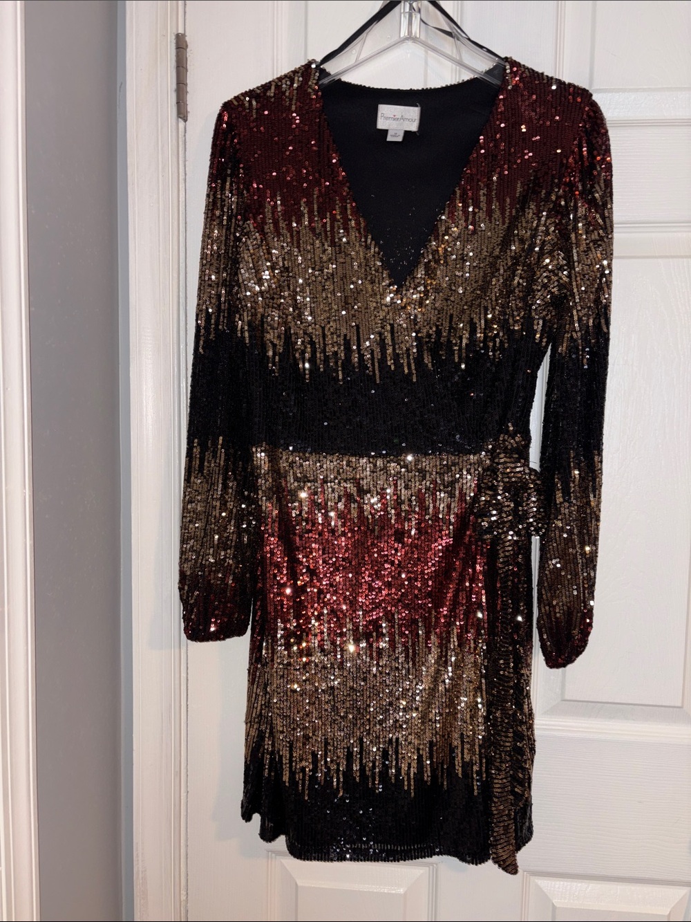 Sequined Ombre Wrap Mini Dress - Black, Gold & Red